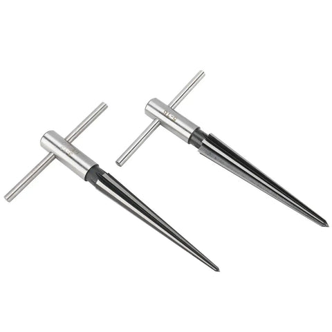 2 Pack Tapered Reamer T Handle 6 Fluted Chamfer Bridge Pin Hole Handheld Reamer Set For Quick Deburring In Metal Wood Plastic And More Includes Sizes From One Eighth To One Half Inch And Three To Thirteen Millimeters And Five To Five Eighths Inch And, showing two reamers with T-handles and fluted design.