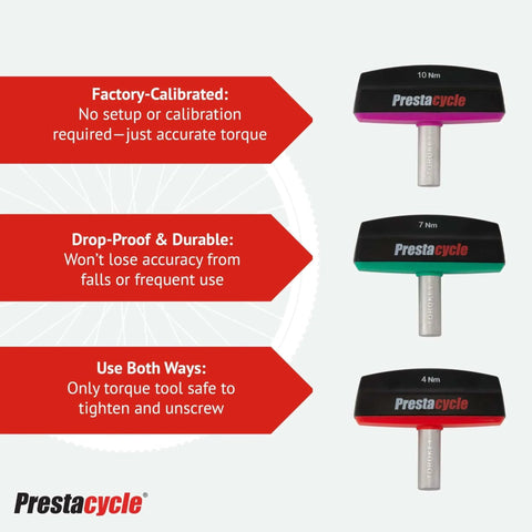 Image showing three PrestaCycle torque wrenches with varying heads beside feature highlights and a PrestaCycle logo.