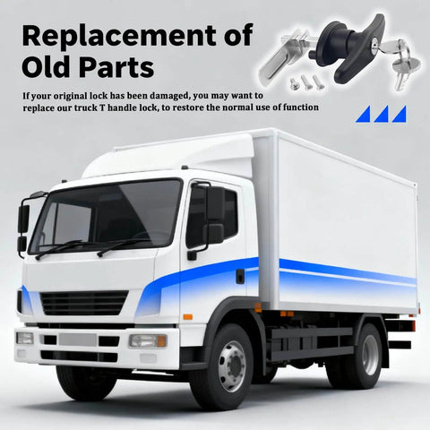 Upgrade your camper shell with a sturdy T-handle lock kit featuring a cam and two keys next to a white and blue truck