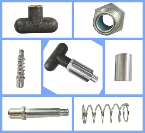 1/2" Diameter T knob Spring Loaded Pop Pin components, zinc plated steel plunger, black plastic T-handle, round nut, grub screw lock