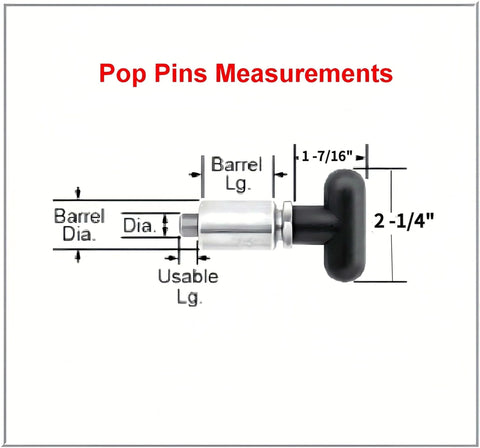 Diagram of 1/2" Diameter T knob Spring Loaded Pop Pin with zinc-plated steel plunger and black plastic T-handle knob showing measurements.