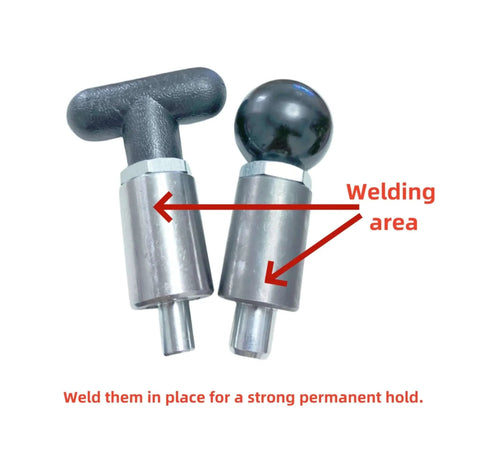 1/2" Diameter T knob Spring Loaded Pop Pin and round handle, zinc-plated steel, welding area highlighted for tire carrier pin use