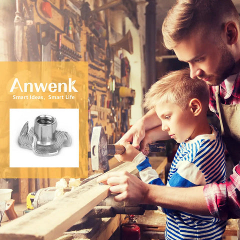 Father and son woodworking with Heavy Duty T Nuts One Quarter Inch 20 Thread Pack Of 30 304 Stainless Steel Four Jaw Tee Nuts.