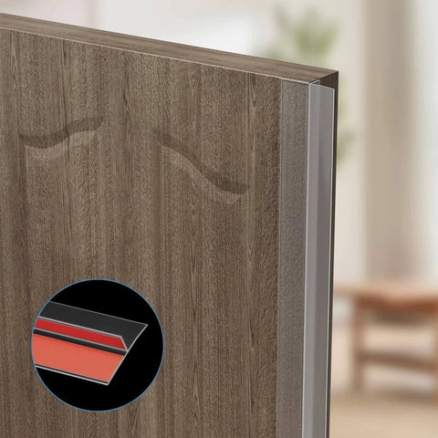 T-Shaped Door Draft Stopper, 1.97 in x 20 Ft Silicone Seal Strip for Windows Gaps shown installed on wooden door edge