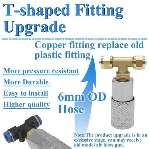 T-shaped copper fitting and 6mm OD hose component from Heavy Duty Air Blow Gun Kit with Sixteen Foot Pneumatic Hose One Quarter Inch Quick Connect And Six Millimeter Outer Diameter For Auto Shops Garages Workshops And Industrial Cleanups For Rapid Dust And Debris Removal.