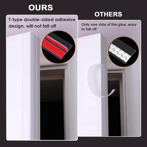 Comparison of 20Ft T-Shaped Silicone Weather Stripping Seal with double-sided adhesive vs single-sided tape on a door frame