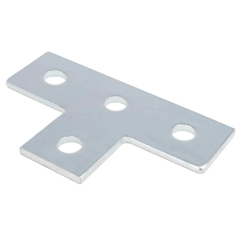 Set Of Twelve Four Hole T Shaped Flat Plate Fittings For One And Five Eighths Inch Strut Channel Carbon Steel Connector Brackets Three Sixteenths Inch Thick Electro Galvanized Finish Silver, front view