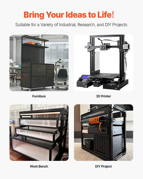 Collage featuring black 3D printer, DIY storage, workbench, and furniture made with 4PCS 23.6 in T Slot 4040 Aluminum Extrusion Profile.