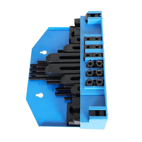 Top view of a Pro Series 58 Piece T Slot Hold Down Clamp Clamping Kit for Bridgeport Mill Setup with T-nuts and flange nuts.