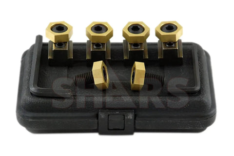Five Eighths Inch T Slot Clamp Kit For Bridgeport Mill Twelve Piece With T Nuts And Hex Clamps Also Includes Two Hex Keys Thread Size One Half By Thirteen Quick Turn Sides For One Tenth Inch Movement No Loose Parts Heavy Duty Positive Grip displayed on a case