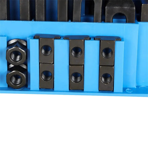 58 Piece T Slot Hold Down Clamp Kit for Milling Machines Half Inch Capacity with Plastic Storage Box Includes 6 T Nuts 6 Flange Nuts 4 Connecting Nuts 24 Half Inch Studs 6 Step Clamps and 2 Bases for Bridgeport Style Milling Machines Mitoharet