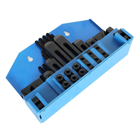 58 Piece T Slot Hold Down Clamp Kit for Milling Machines Half Inch Capacity with Plastic Storage Box Includes 6 T Nuts 6 Flange Nuts 4 Connecting Nuts 24 Half Inch Studs 6 Step Clamps and 2 Bases for Bridgeport Style Milling Machines Mitoharet