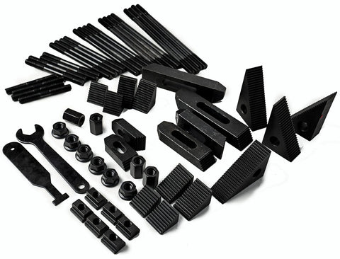 58 Piece T Slot Clamping Kit For Milling Machines Set With T Slot Cleaner And Tightening Wrench Built From Duty Cast Steel And Heat Treated Includes Studs T Nuts Flange Nuts Hold Downs For Seven Sixteenths Table Slot And Three Eighths Sixteen Stud Size