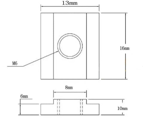 Technical diagram of M6 T-nut from 52 Piece T Slot Clamping Kit For Milling Machines And Drill Presses With M8 Table Slots Heavy Duty Hardened Steel Includes 24 Studs In 75 100 125 150 175 200mm Lengths 6 M6 T Nuts 6 Flange Nuts 4 Coupling Nuts 6 Step Blocks 6 Step Clamps By LLDSIMEX, showing dimensions 13mm x 16mm x 10mm.
