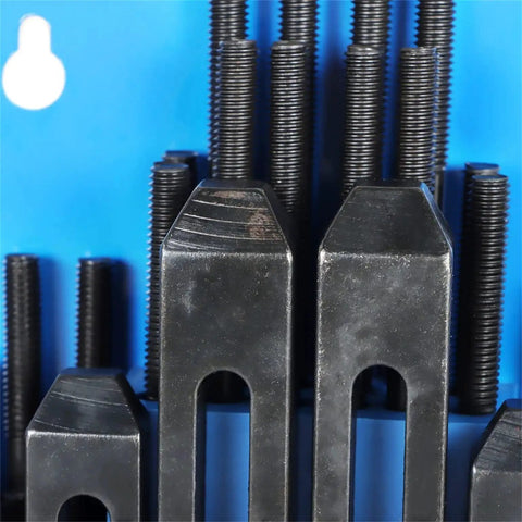 Close-up of 58 Piece T Slot Hold Down Clamp Kit for Milling Machines Half Inch Capacity with Plastic Storage Box Includes 6 T Nuts Mitoharet