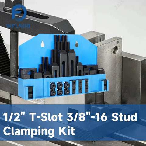 Pro Series 58 Piece Half Inch T Slot Three Eighths Inch Stud Clamping Kit for Bridgeport Mills on metal mechanical surface