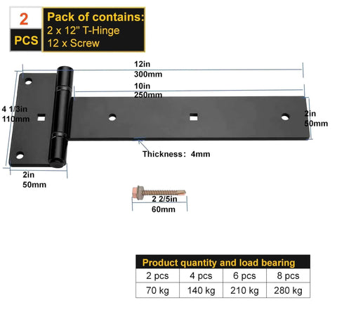 Diagram of Beefy 12 Inch Heavy Duty T Strap Hinges Set Black Outdoor With 180 Degree Opening For Wooden Fence Shed Doors Barn Gates Rust Resistant 4mm Carbon Steel Durable Easy Install 2 Pack with dimensions and screws shown