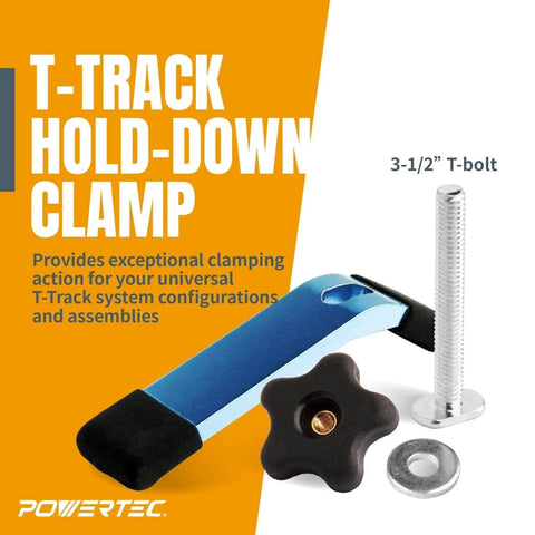 T Track Hold Down Clamp Two Pack For Woodworking Five And One Half Inch By One And One Eighth Inch Clamps With T Bolts displayed