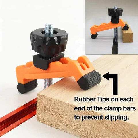 Multi Position T Track Hold Down Clamp Kit For CNC Router Metalworking And Woodworking, showing plastic clamps with rubber tips.