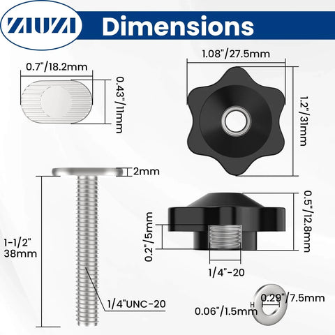 Dimensions of T Track Knob Kit With Star Knobs And One Quarter Inch Bolts And Washers For Woodworking Jigs And Fixtures 10 Sets
