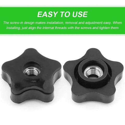 Two black five-star knobs showcasing visible threaded holes, part of Four Pack T Track Knobs For Sawing And Drilling Machines Through Hole Three Eighths Inch Durable Five Star Through Threaded Knurled Star Shaped Nuts Made From Plastic And Carbon Steel With Polished Finish Plastic Screw On Type Black.