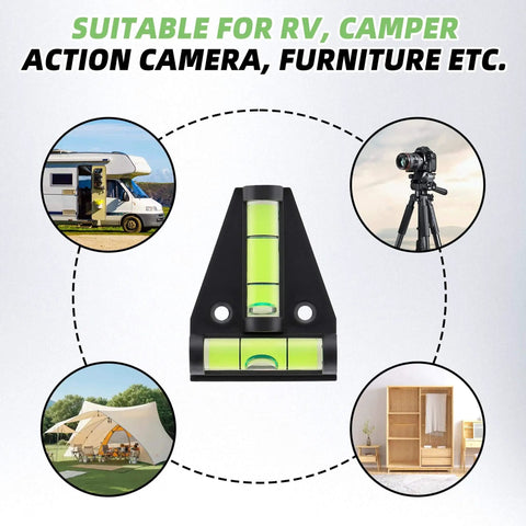 Six Pack T Type RV Levelers With Bubble Levels For RVs Campers Trailers And More Portable Acrylic Cross Check Levelers Durable And Easy To Read For Furniture Tripods And Camera Equipment showing use cases for RVs, cameras, tents, and furniture.