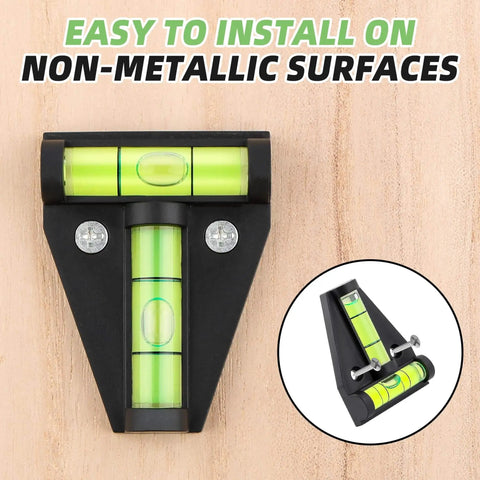 Six Pack T Type RV Levelers With Bubble Levels For RVs Campers Trailers And More Portable Acrylic Cross Check Levelers Durable And Easy To Read For Furniture Tripods And Camera Equipment installed on wooden surface.