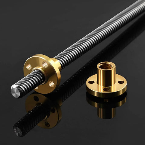T10 lead screw set 140mm / 5.51 inch + brass nut + coupler, 10mm diameter thread, close-up view on black surface.