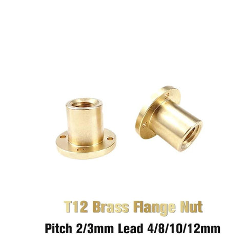 T12 nut 12mm brass trapezoidal screw rod flange nut pitch 2mm lead 8mm shown in close-up for smooth motion and clean installs.