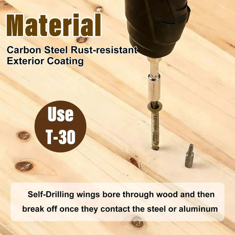 Heavy-Duty 14 By 3 1/4 Inch Self-Drilling Wood To Metal Screws With Torx Star Head T30 being drilled into wood.