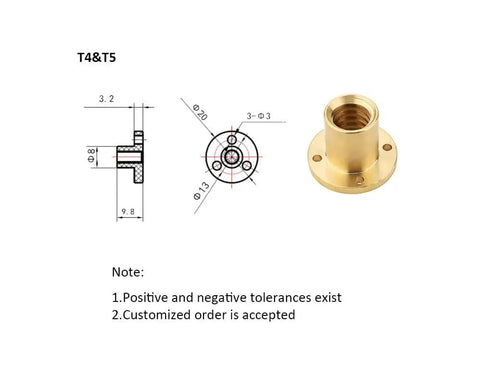 Five Millimeter Lead Screw 300 Millimeter Length Brass Nut For 3D Printer Z Axis 1 Millimeter Thread Pitch engineering diagram and brass nut