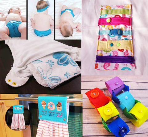 400 Snap Button Sets With Snap Pliers T5 Plastic Snaps No Sew Fasteners shown on diapers, colorful storage, and crafts.
