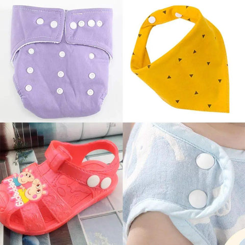 Easy Snap Fastener Kit With Pliers, 360 T5 Plastic Buttons, 24 Colors With 15 Sets Per Color, examples on fabric and shoe