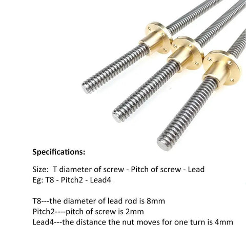 Close-up of three 5mm diameter lead screws with brass nuts for 3D printer Z axis, stainless steel, 300mm length, high precision alignment.