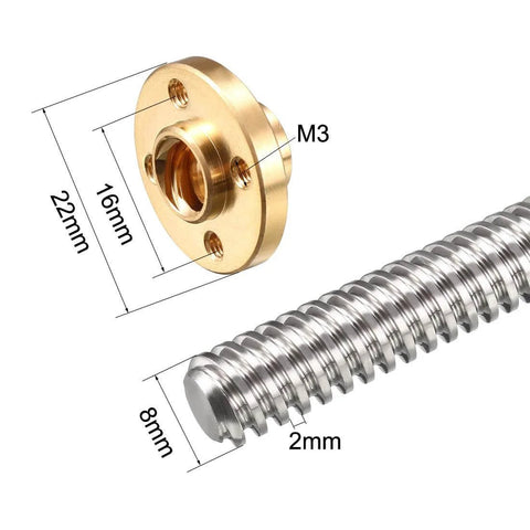 Close-up of 100mm length t8 8mm dia lead screw rod, 4 lead stainless steel lead screw rod with copper nut trapezoidal thread