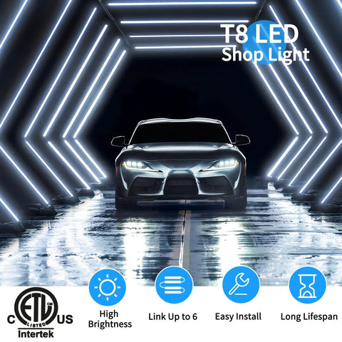 Car in tunnel with T8 LED shop lights overhead, Pack Of 4 Linkable LED Shop Lights For Garage And Basement 6 Foot Long 60W T8 Integrated Ceiling Light With Double Row V Shape Beam 270 Degree Coverage 6000K Daylight 8000 Lumen Clear Lens Plug And Play No Fuss