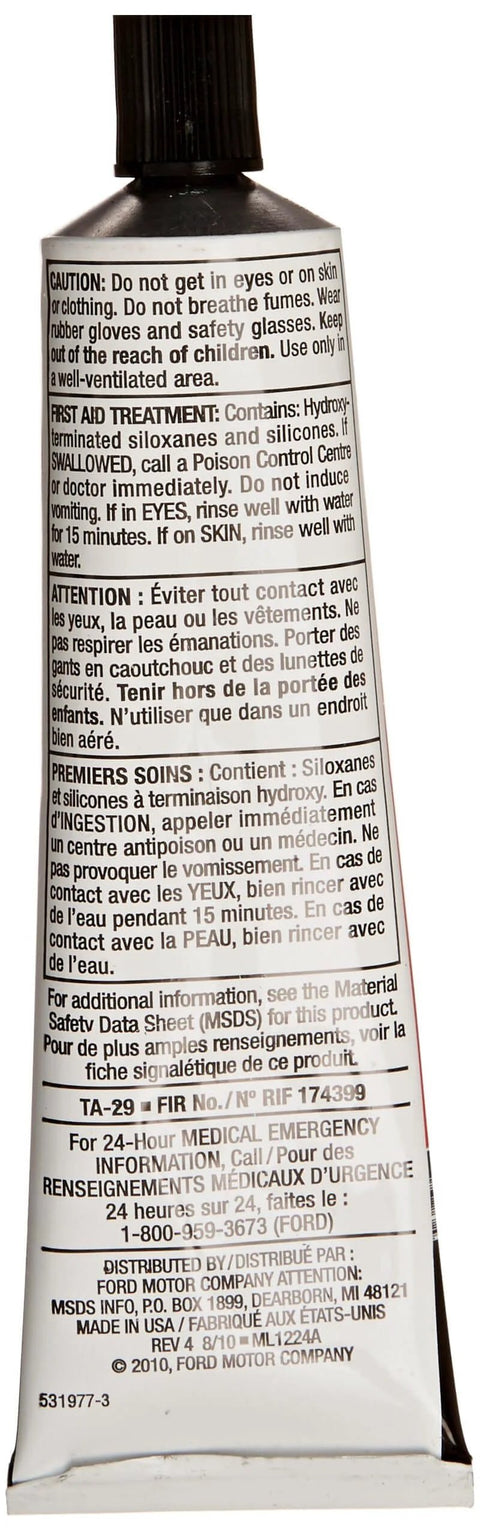 Back view of TA-29 Ultra Silicone Sealant 2.4 Oz RTV Gray Heavy Duty for Transmission Pans, showing product instructions.