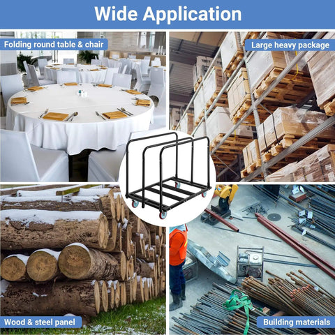 Collage showing Heavy Duty Folding Table Cart With 2000 Lbs Capacity And 10 Tables 5 Inch Swivel Wheels Durable Table Dolly in use at events and warehouses.