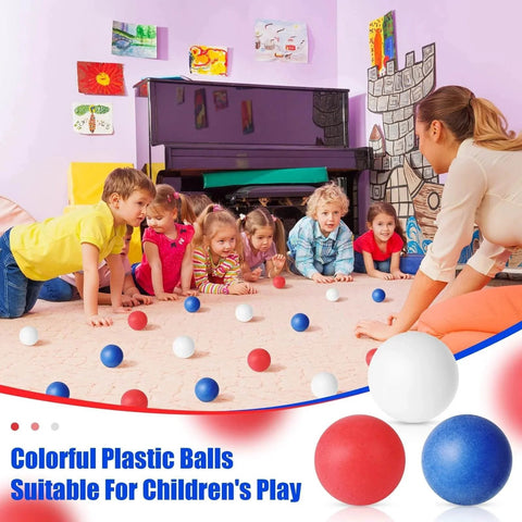 Children playing with 120 Pack Colored Table Tennis Balls 40 mm Plastic Balls Bulk for 4th of July Carnival Wedding Pool Games, DIY Arts, Pet Toys, School Patriotic Activities(Dark Blue, Red, White)