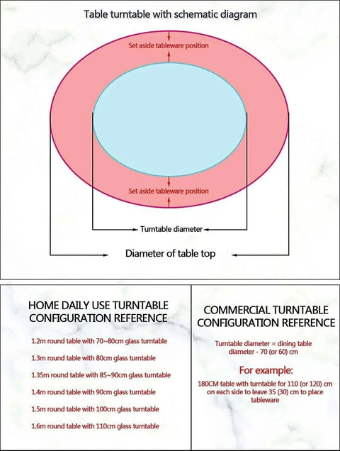Schematic diagram showing configurations for a 30.7 inch tabletop lazy susan made from tempered glass for dining tables.
