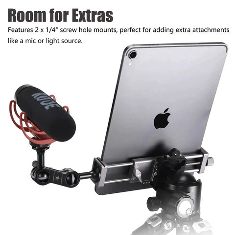 Full Metal Tablet Tripod Holder With Universal Clamp And Arca Swiss Dovetail Mounts for tablet on tripod with mic attachment