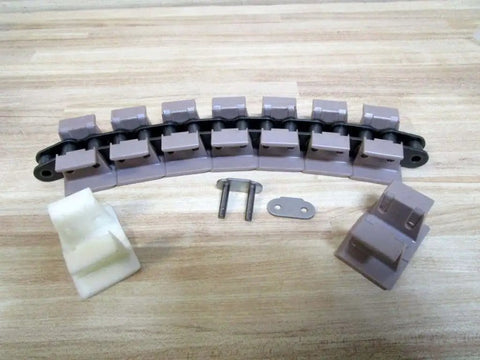 Tabletop Chain LF1863TABK2 0.25 Inch Pitch 11 Inch Long Industrial Conveyor Chain components on a light wood surface
