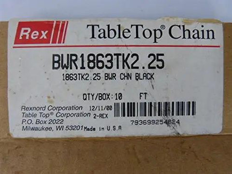 Box label of Tabletop Conveyor Roller Chain BWR1863TK2.25, Rexnord quality, shows product details and barcode.