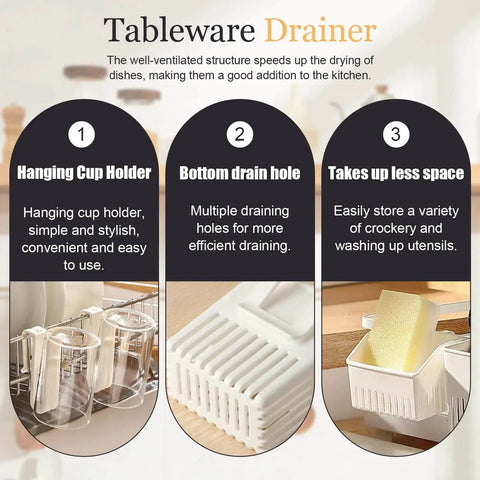 Tableware drainer features with hanging cup holder, bottom drain hole, space-saving storage for utensils