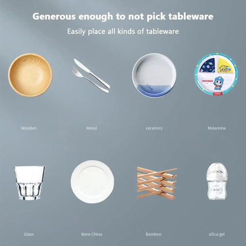 Various types of tableware including wooden, metal, ceramics, melamine, glass, bone china, bamboo, and silica gel suitable for use in a Large-Capacity Tableware Disinfection Cabinet, Multi-Functional Storage Double-Layer, Household Vertical High-Temperature Disinfection Tableware Teacup Electronic Dryer,A
