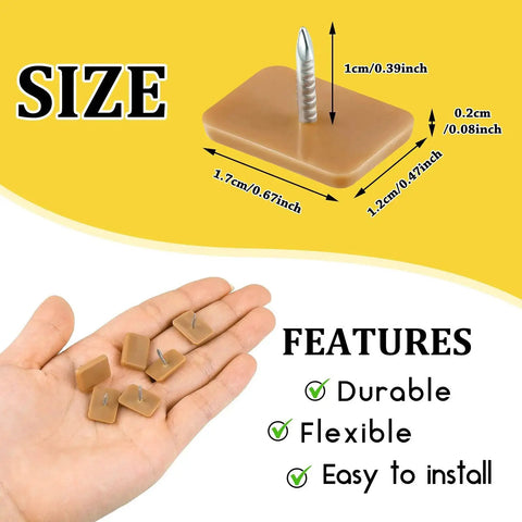 Close-up of 30 Pieces Tack-In Drawer Glides For Dresser Repair, Durable Hard Plastic Cushions, hand holding glides, with size and features.