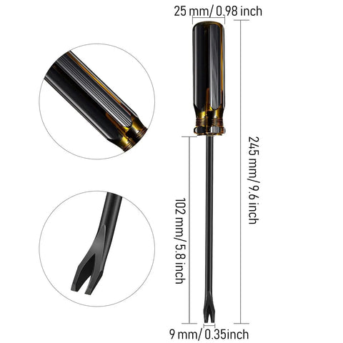 Three Pack Tack Lifter Set With 3 Mm U Tip CRV Steel For Easy Staple Removal And Nail Pulling Furniture Upholstery Rivet Removal Tool For Carpentry And DIY Projects In Durable Yellow And Black Finish with detailed dimensions.
