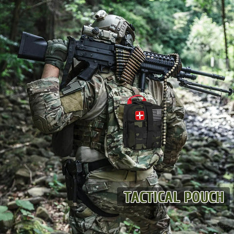 Tactical soldier carrying a backpack with 170 Piece Survival First Aid Kit With Trauma Gear For Hiking Camping And Backpacking