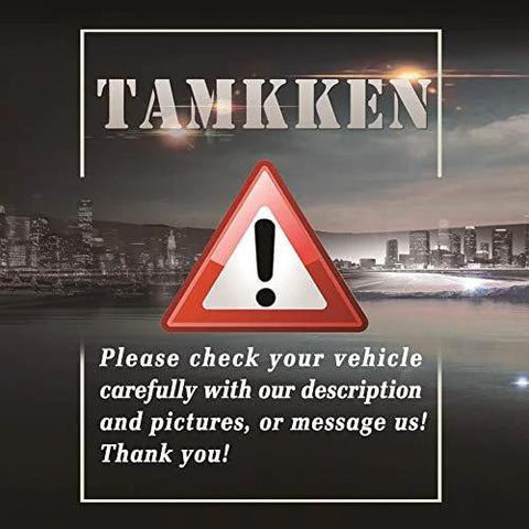 TAMKKEN automotive parts brand logo with a warning triangle on a city skyline background.
