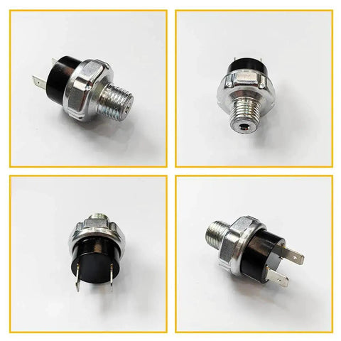 Four views of Tank Mount Air Pressure Switch for 120 to 150 PSI with 1/4 NPT threads, DC 12/24V, up to 20A, metal and plastic body